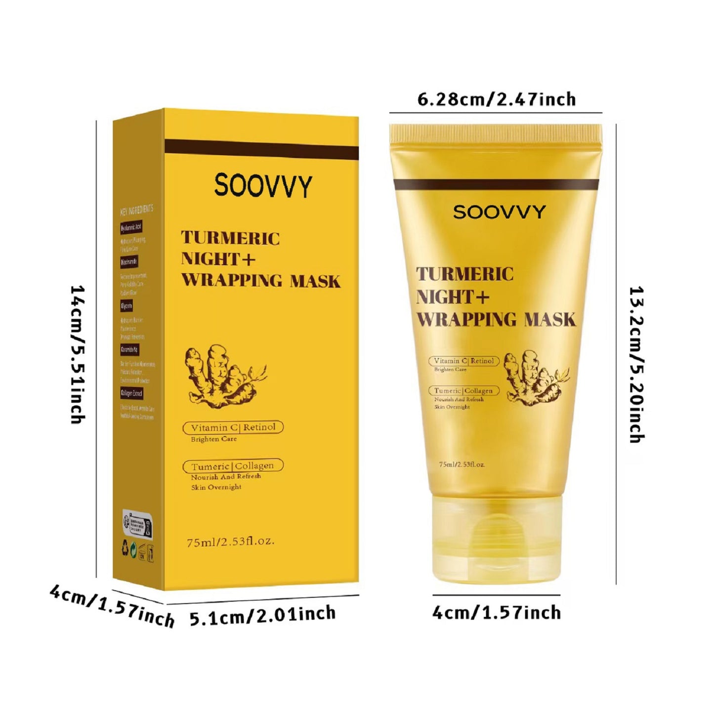 SOOVVY Turmeric Overnight Wrapping Peel Off Mask - Nourishes dull, uneven skin with hydrolyzed collagen for glowing skin and improved elasticity. Korean skincare, 2.53 fl. oz.