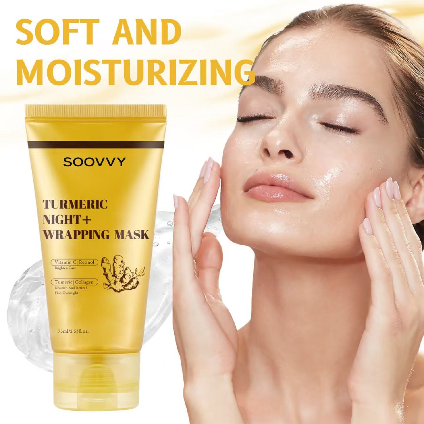 SOOVVY Turmeric Overnight Wrapping Peel Off Mask - Nourishes dull, uneven skin with hydrolyzed collagen for glowing skin and improved elasticity. Korean skincare, 2.53 fl. oz.