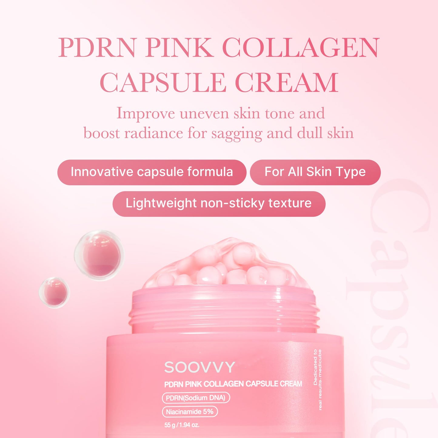 SOOVVY Pink Collagen Capsule Cream, Face Moisturizer, Lightweight Moisturizing Cream , Niacinamide for Uneven Skin Tone, Glow hydration, Korean Skin Care 1.94 oz