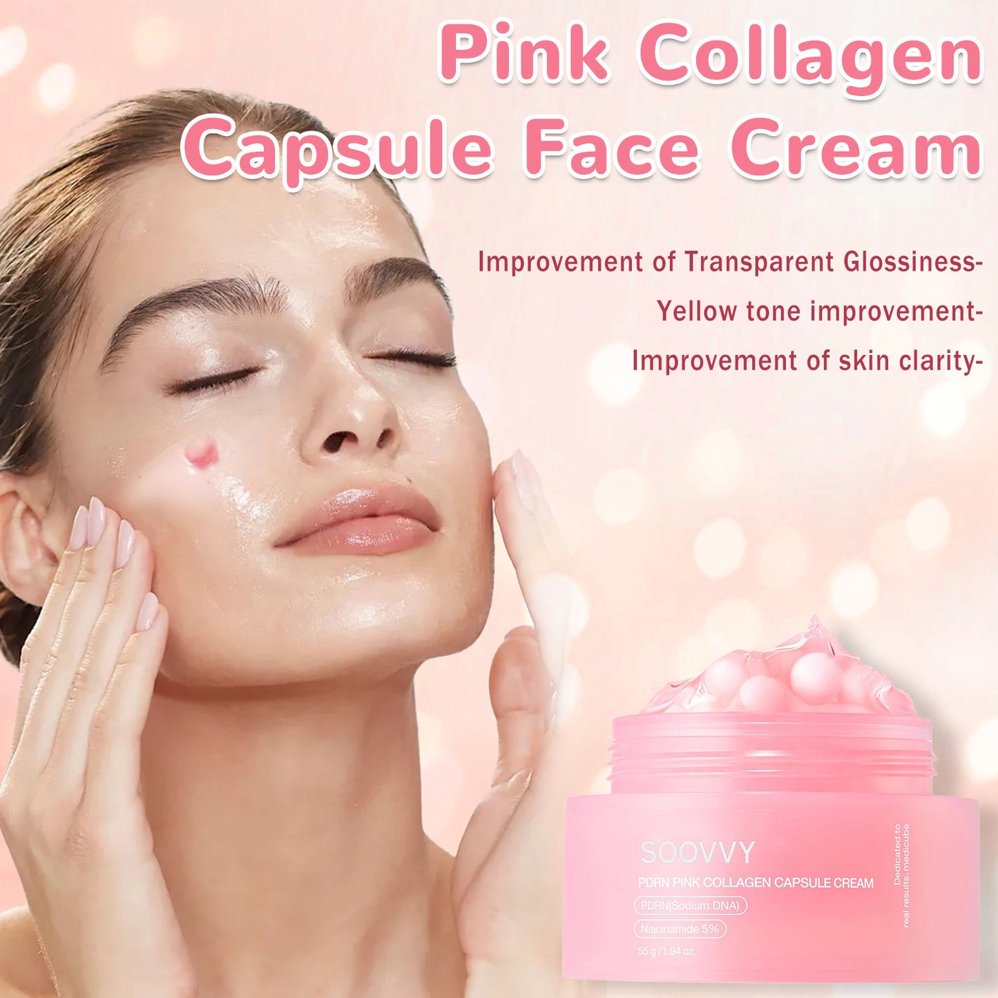 SOOVVY Pink Collagen Capsule Cream, Face Moisturizer, Lightweight Moisturizing Cream , Niacinamide for Uneven Skin Tone, Glow hydration, Korean Skin Care 1.94 oz