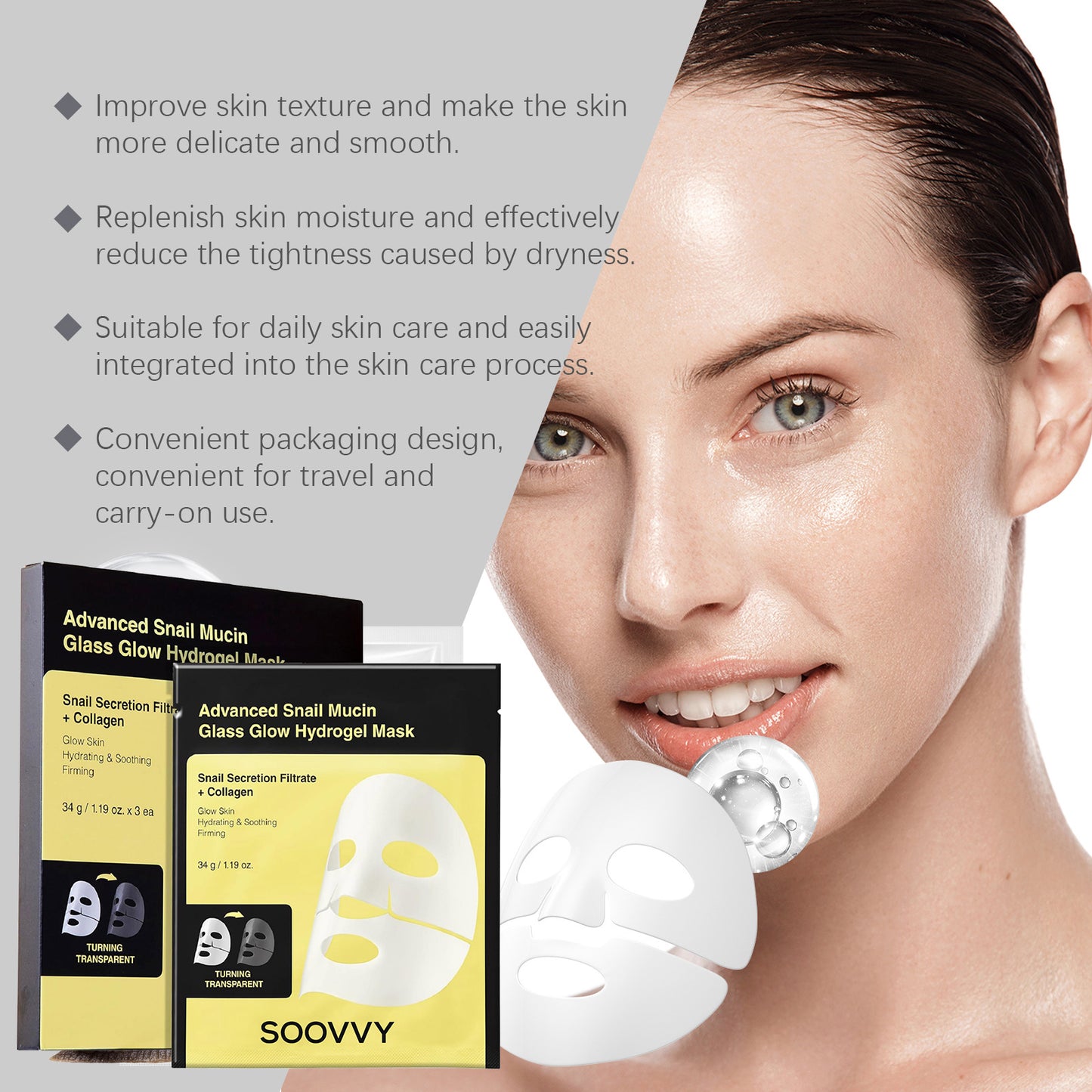 SOOVVY Advanced Skin Glass Glow Hydrogel Mask,Collagen Face Mask for Dry, Sensitive Skin,Hydrating Overnight Face Mask,Travel Essentials,Korean Skin Care,3ea