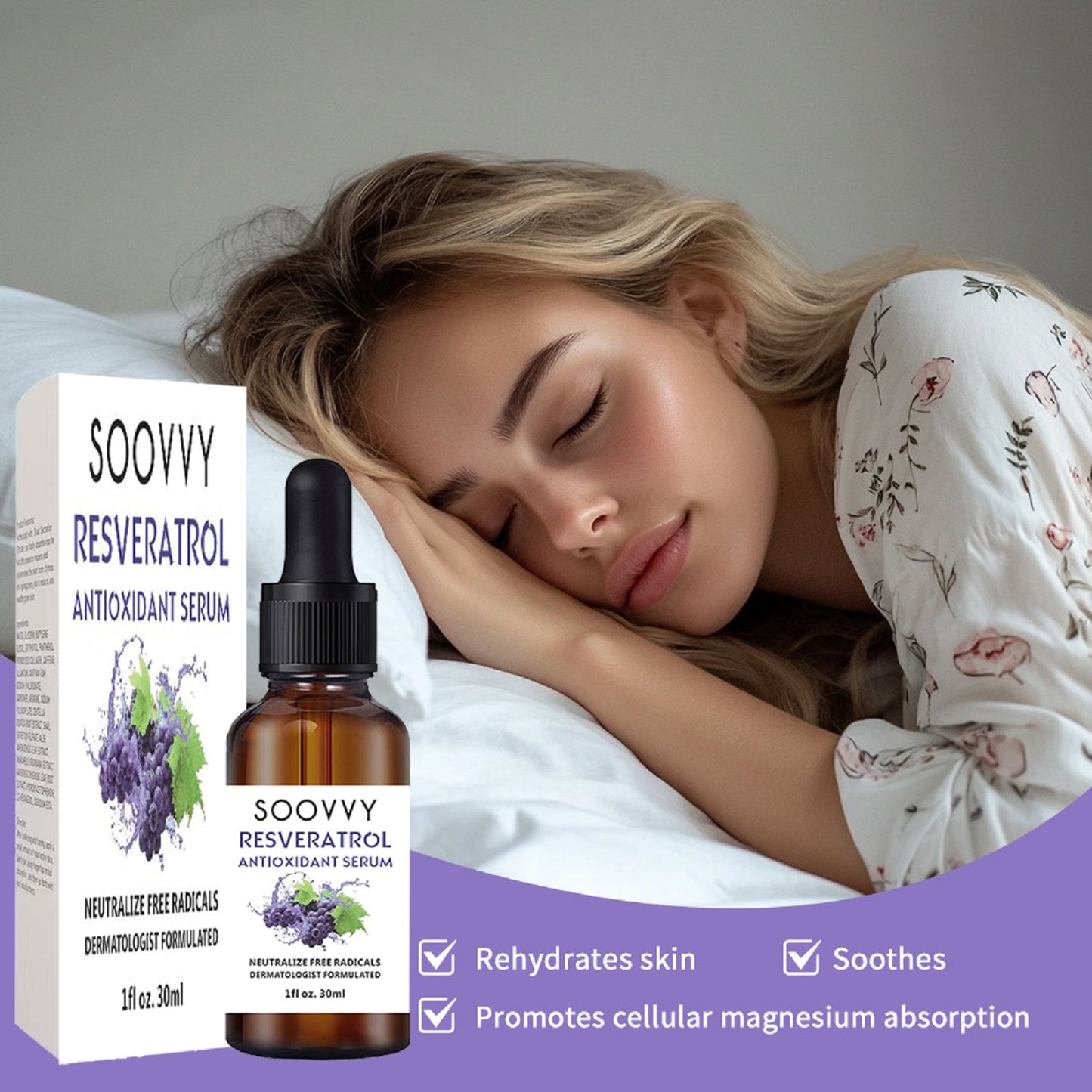 SOOVVY Natural Sleep Serum Grape Seed Magnesium & Lavender Oil ,Deep Hydration • Calming Sleep Aid • Skin Barrier Repair ,Korean Skincare, 1 fl oz