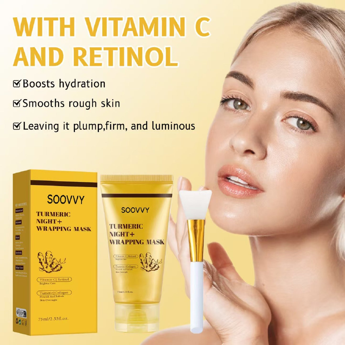 SOOVVY Turmeric Overnight Wrapping Peel Off Mask - Nourishes dull, uneven skin with hydrolyzed collagen for glowing skin and improved elasticity. Korean skincare, 2.53 fl. oz.