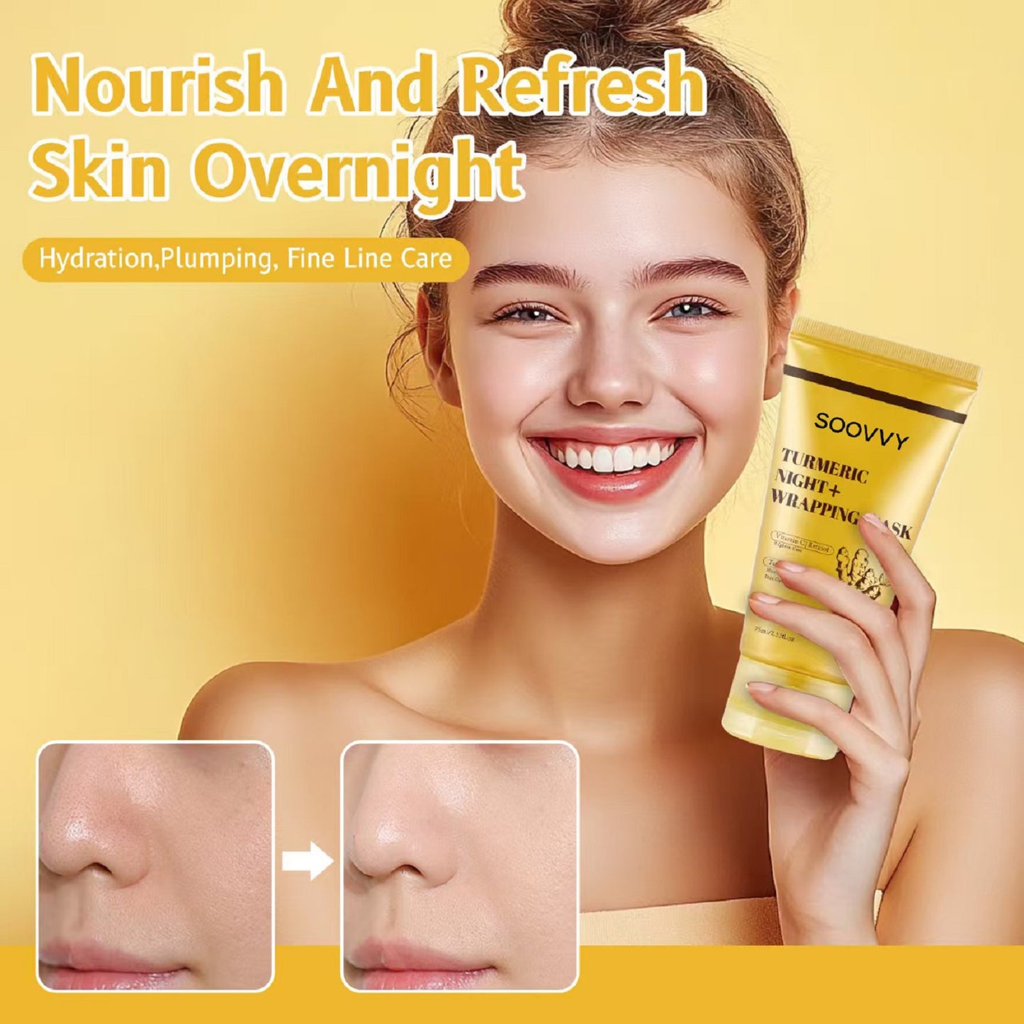 SOOVVY Turmeric Overnight Wrapping Peel Off Mask - Nourishes dull, uneven skin with hydrolyzed collagen for glowing skin and improved elasticity. Korean skincare, 2.53 fl. oz.