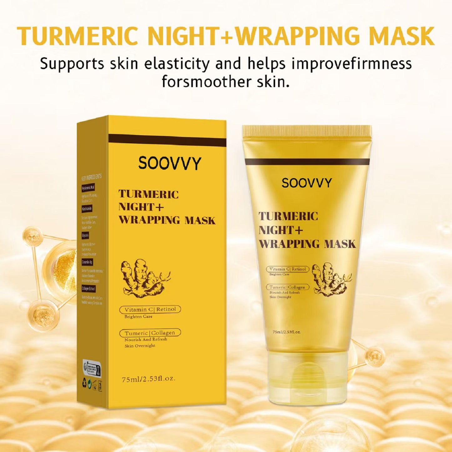 SOOVVY Turmeric Overnight Wrapping Peel Off Mask - Nourishes dull, uneven skin with hydrolyzed collagen for glowing skin and improved elasticity. Korean skincare, 2.53 fl. oz.
