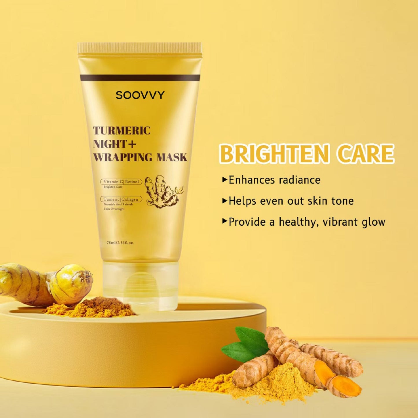 SOOVVY Turmeric Overnight Wrapping Peel Off Mask - Nourishes dull, uneven skin with hydrolyzed collagen for glowing skin and improved elasticity. Korean skincare, 2.53 fl. oz.