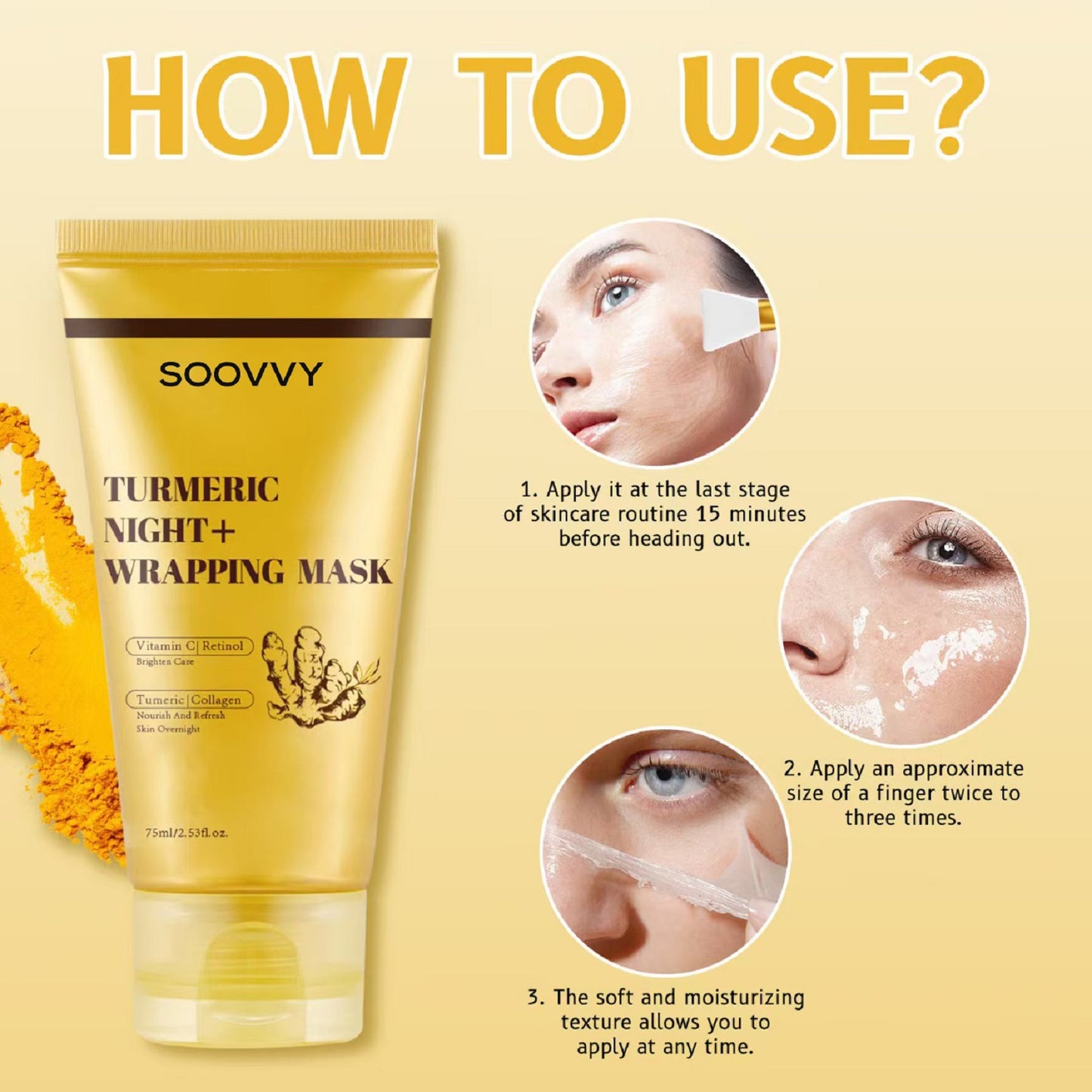 SOOVVY Turmeric Overnight Wrapping Peel Off Mask - Nourishes dull, uneven skin with hydrolyzed collagen for glowing skin and improved elasticity. Korean skincare, 2.53 fl. oz.