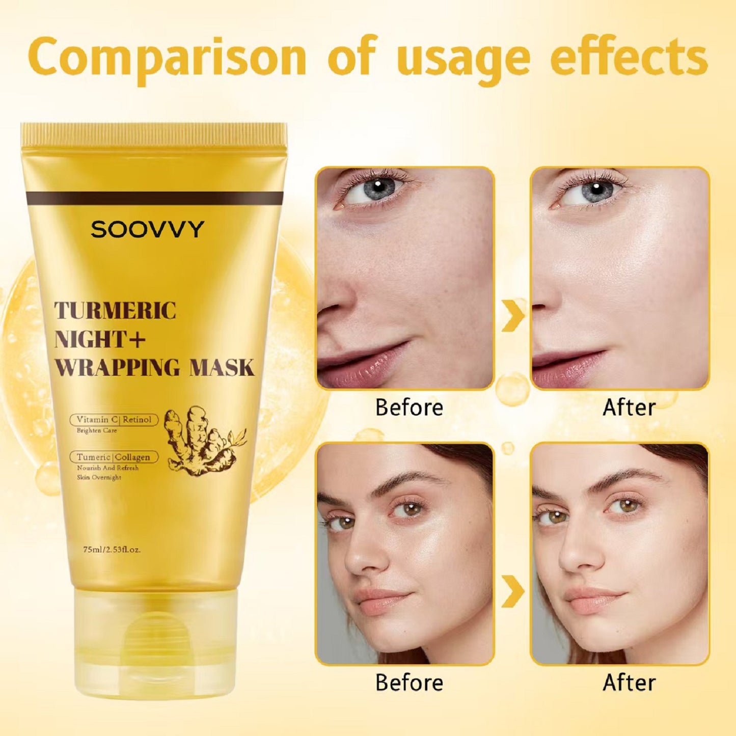 SOOVVY Turmeric Overnight Wrapping Peel Off Mask - Nourishes dull, uneven skin with hydrolyzed collagen for glowing skin and improved elasticity. Korean skincare, 2.53 fl. oz.