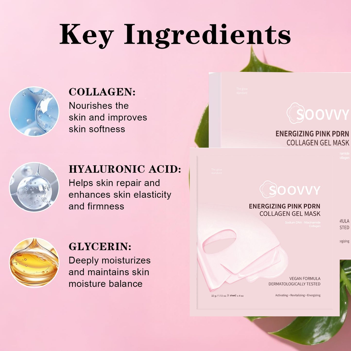 SOOVVY PDRN Pink Collagen Jelly Gel Mask，32g, 4ea